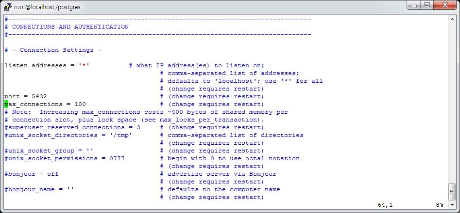 PostgreSQL postgresql.conf 파일화면