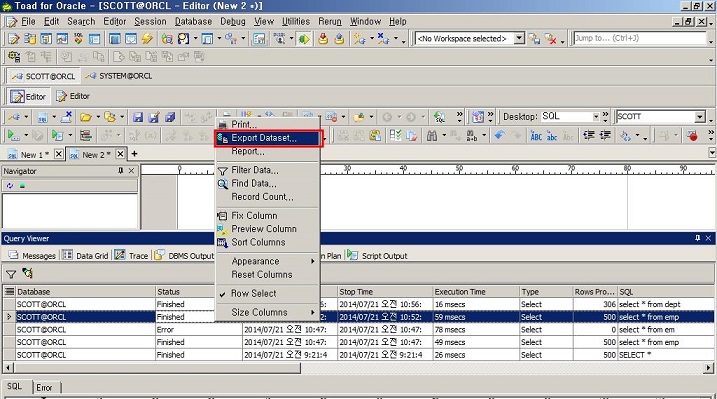 Toad SQL 실행 상세 이력 보기