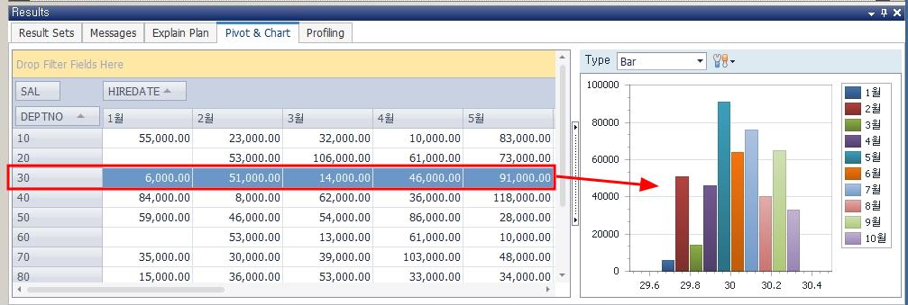 Toad Data Point 피벗과 차트 생성